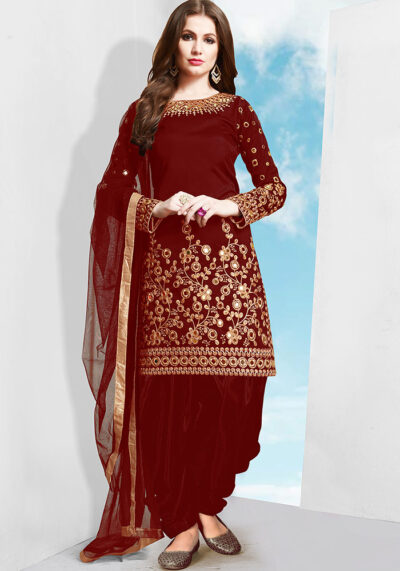 Red Embroidered Silk Punjabi Suit