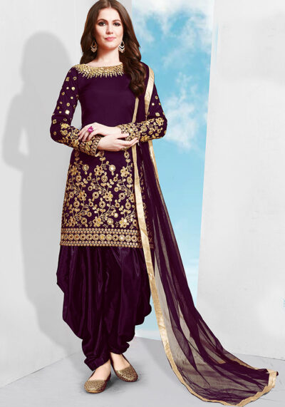 Purple Embroidered Silk Punjabi Suit