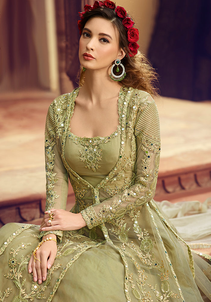 Green and Gold Net Embroidered Suit