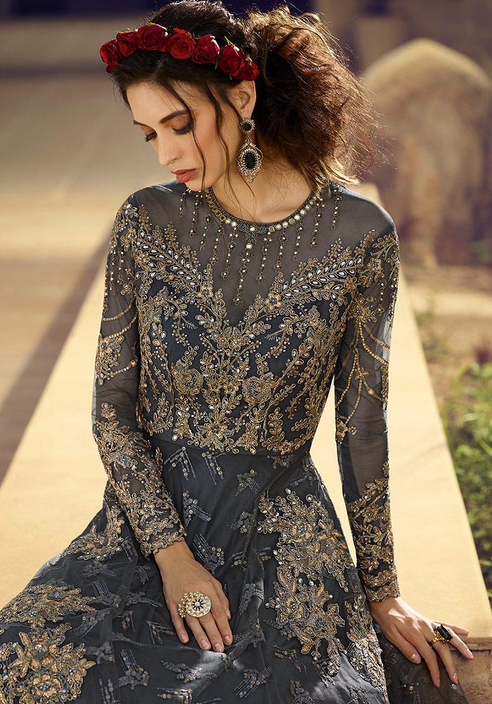 Charcol Grey Embroidered Net Anarkali Suit