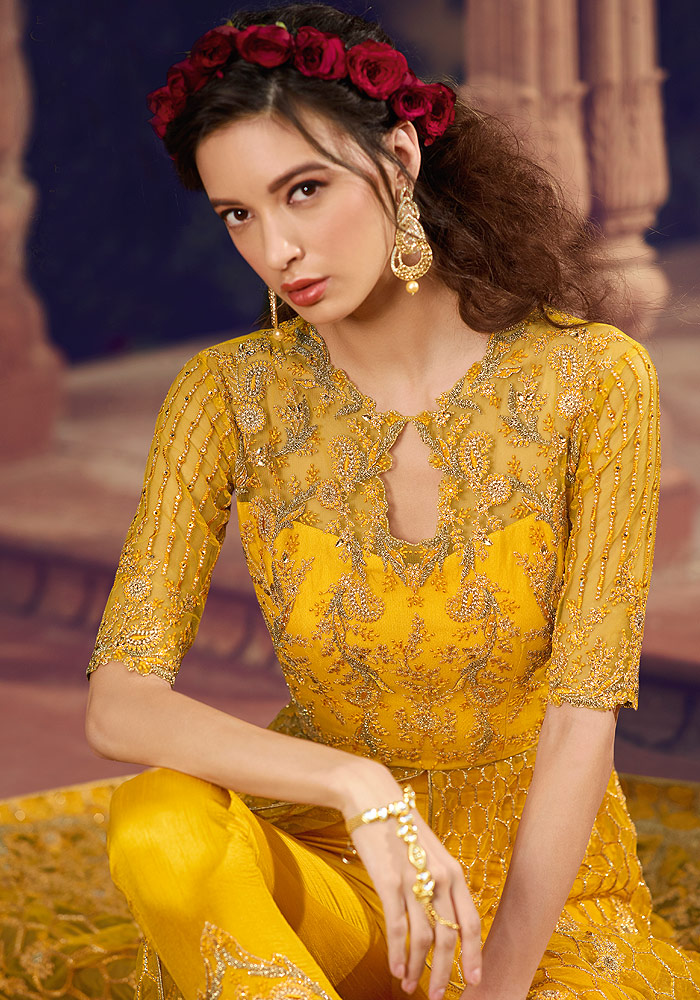Yellow Embroidered Net Suit