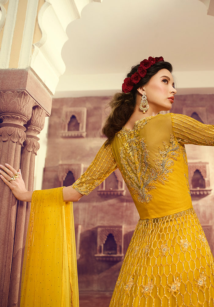 Yellow Embroidered Net Suit