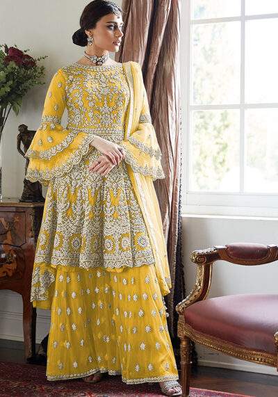 Yellow Embroidered Net Sharara Suit