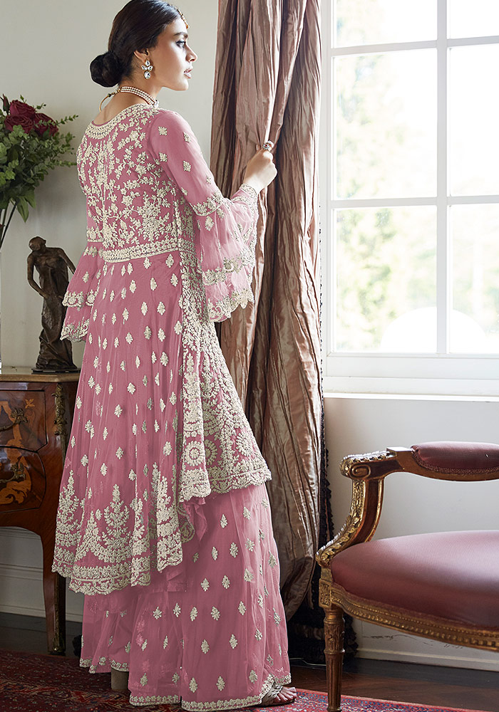 Pink Embroidered Net Sharara Suit