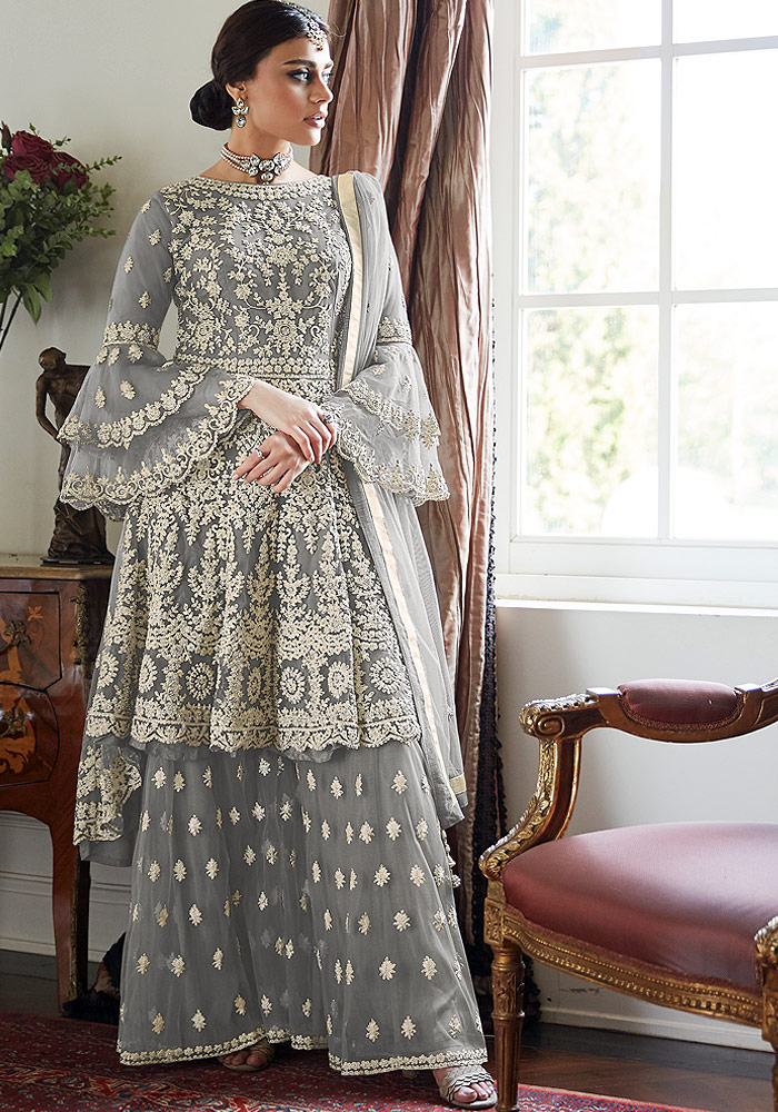 Grey Embroidered Net Sharara Suit