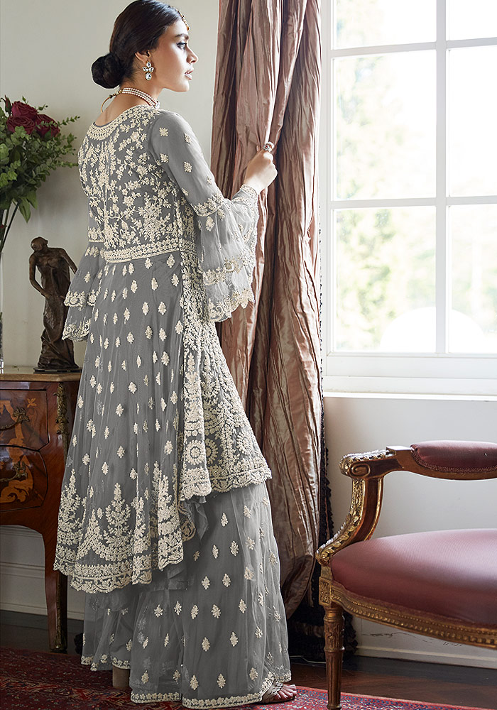 Grey Embroidered Net Sharara Suit