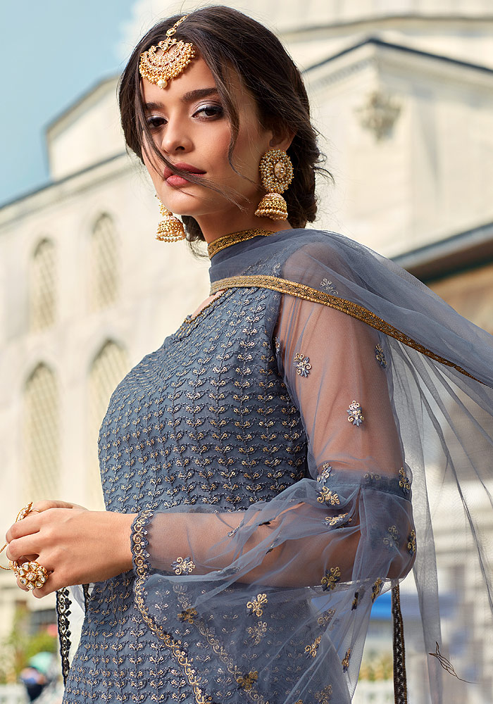 Grey Embroidered Sharara Suit