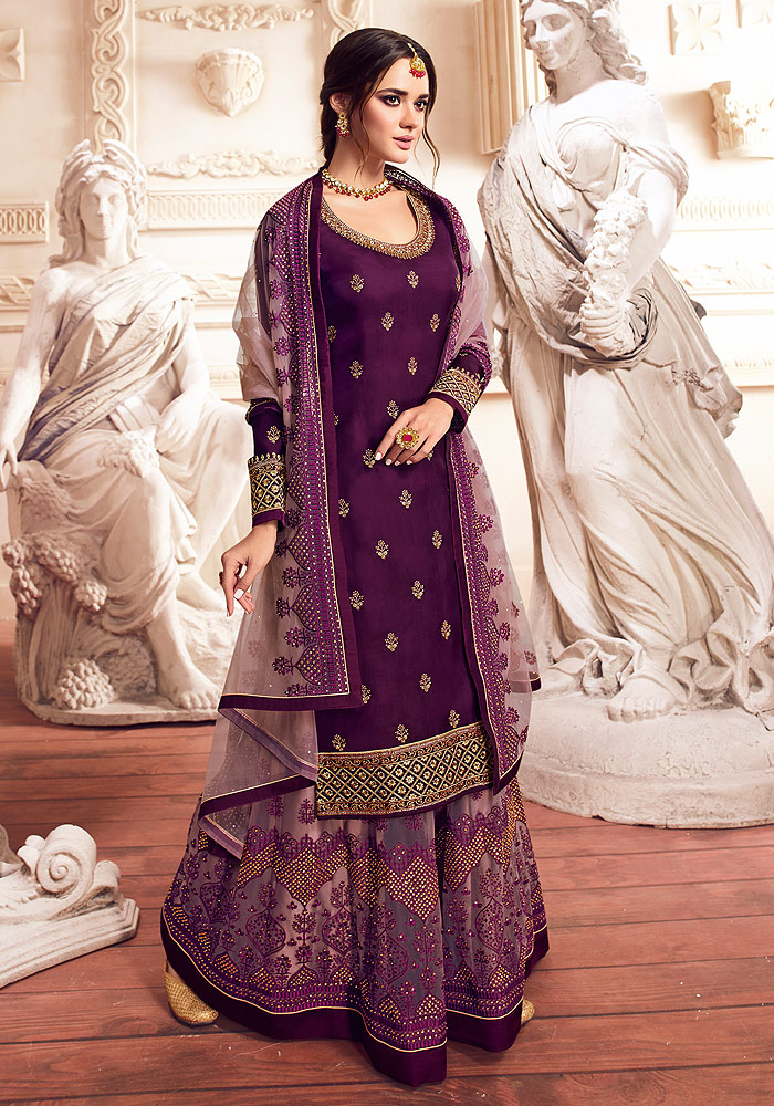 Purple Embroidered Palazzo Suit