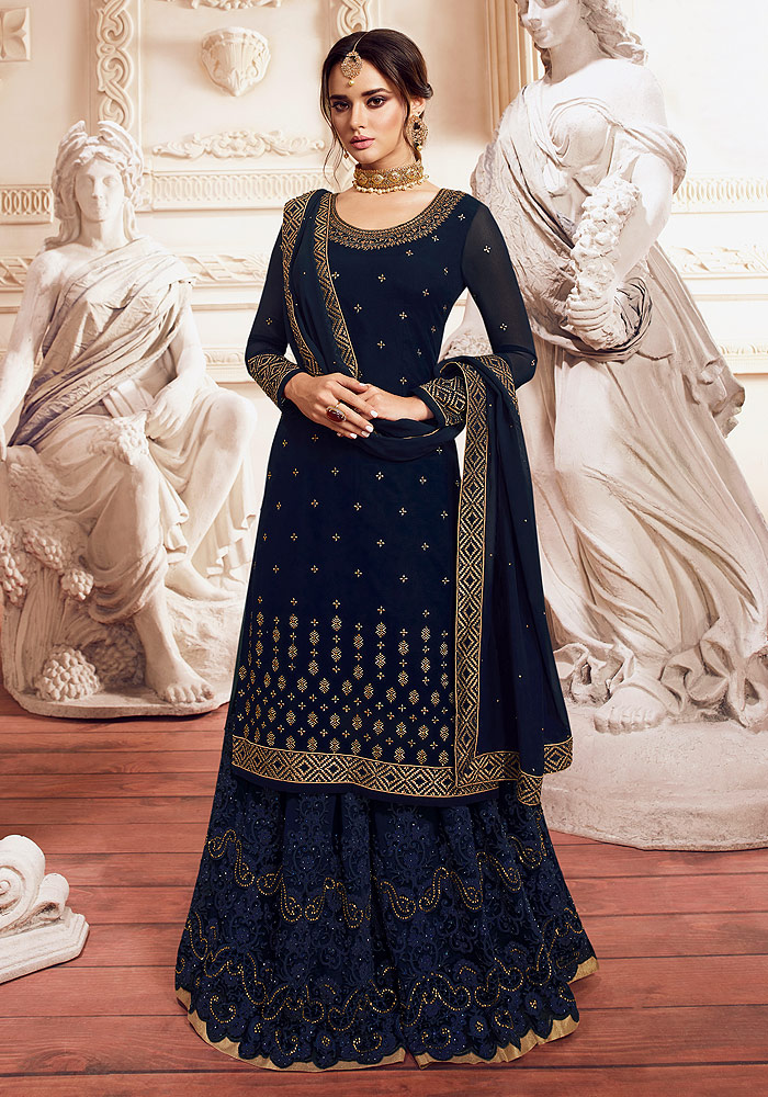 Blue Embroidered Palazzo Suit