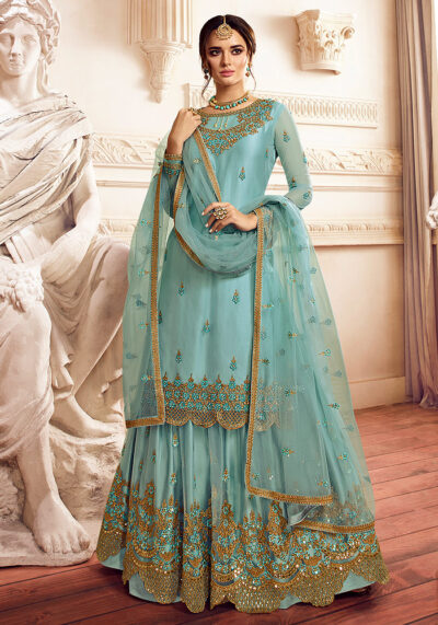 Sky Blue Embroidered Palazzo Suit