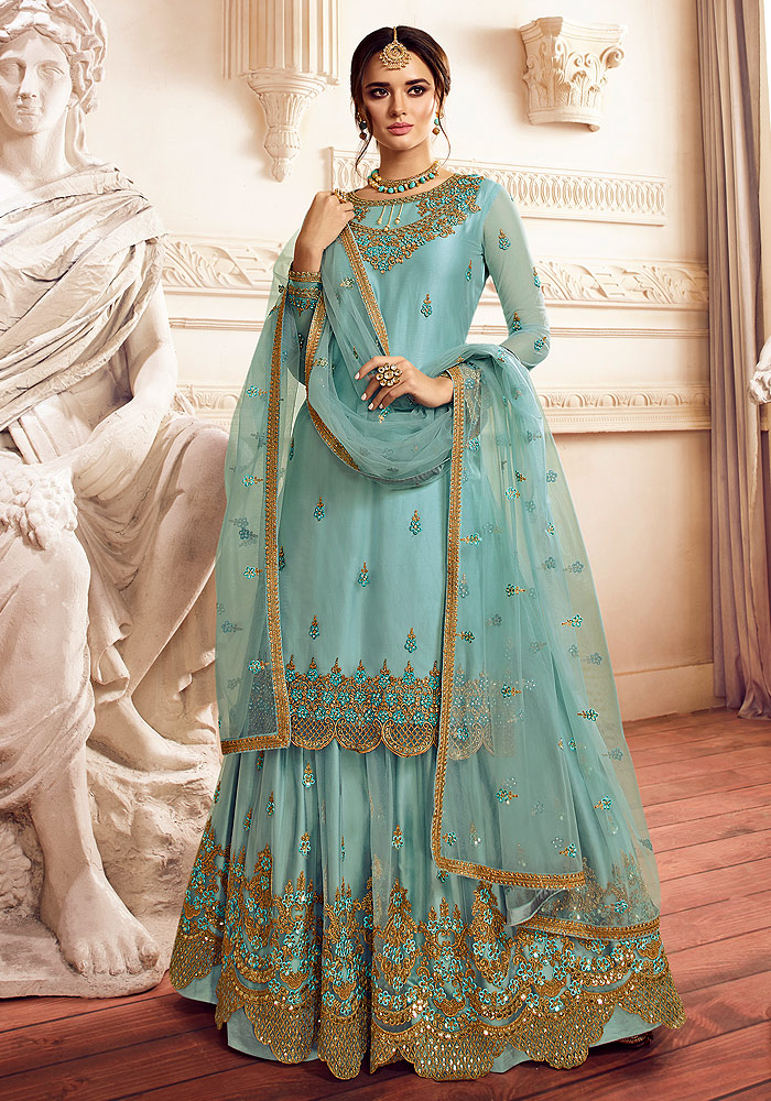 Sky Blue Embroidered Palazzo Suit