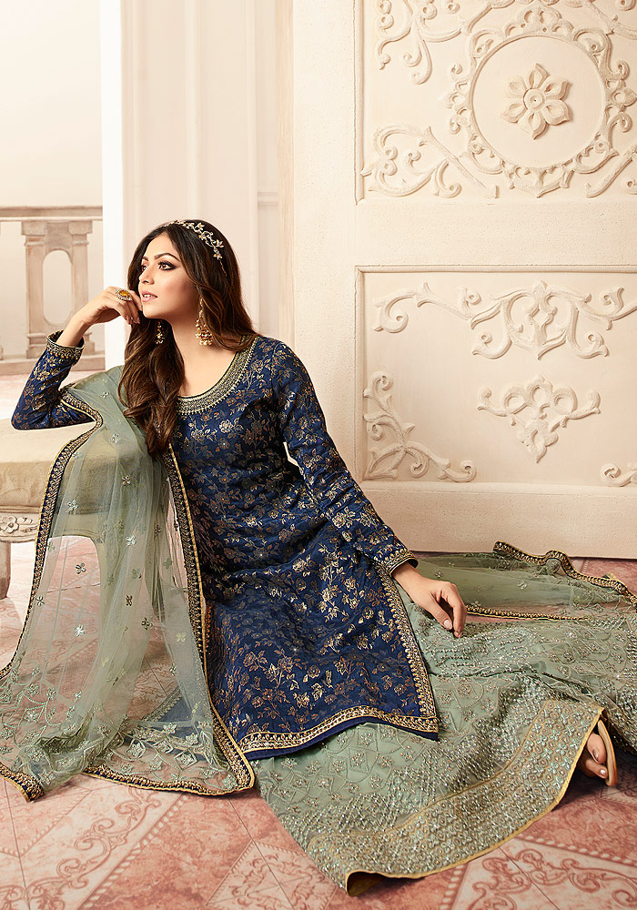 Blue and Green Embroidered Palazzo Suit