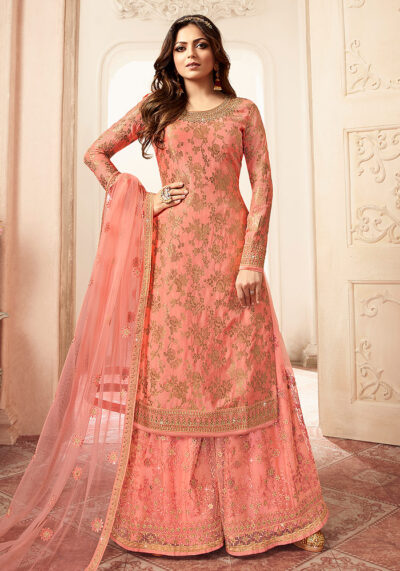 Peach Pink Embroidered Palazzo Suit