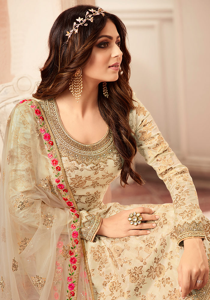 Cream and Gold Embroidered Palazzo Suit