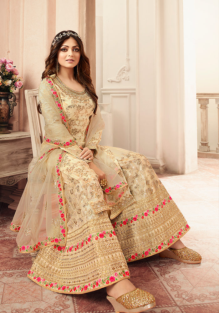 Cream and Gold Embroidered Palazzo Suit