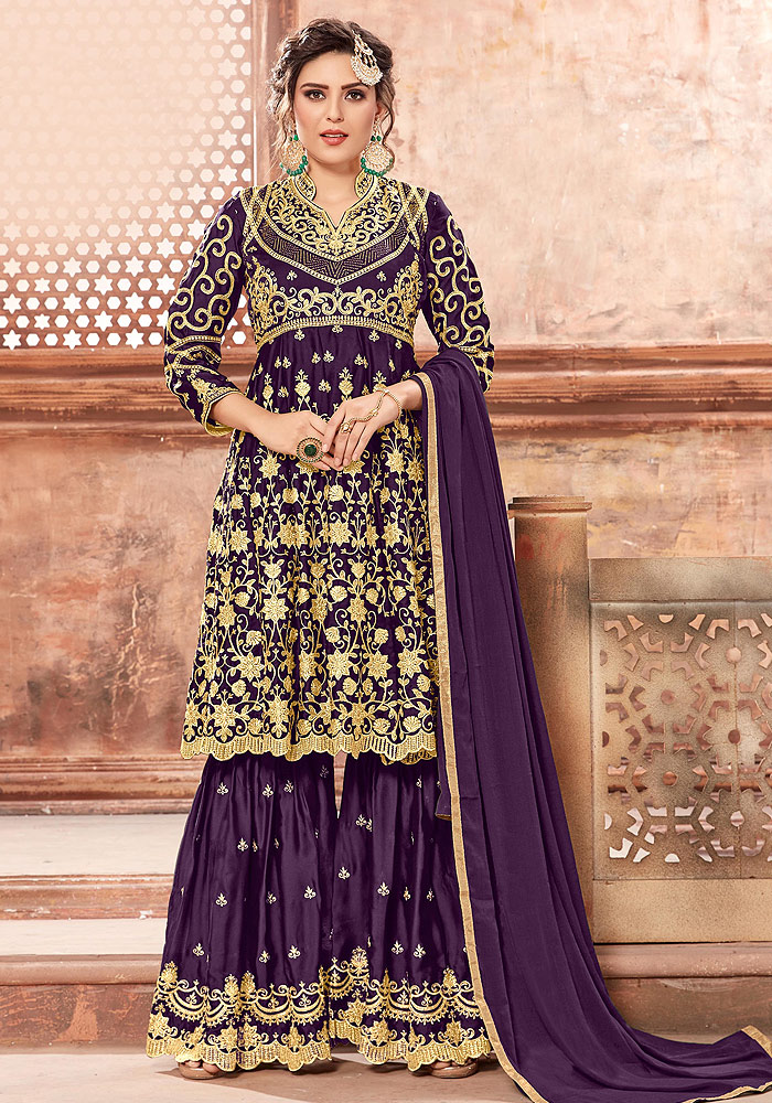 Purple Heavy Embroidered Sharara Suit