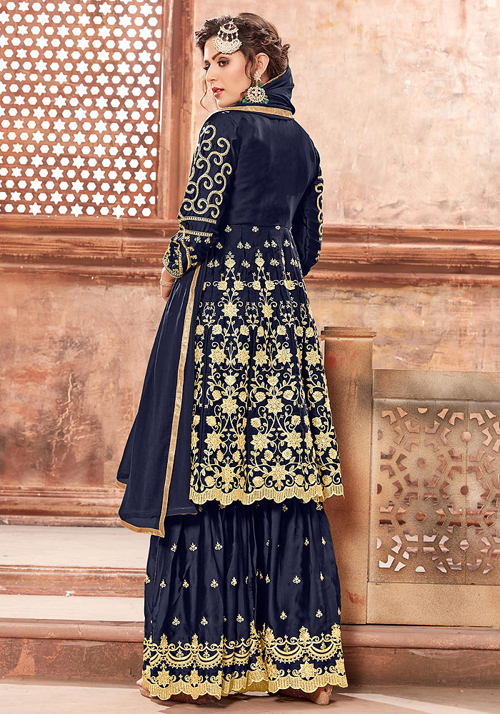Blue Heavy Embroidered Sharara Suit