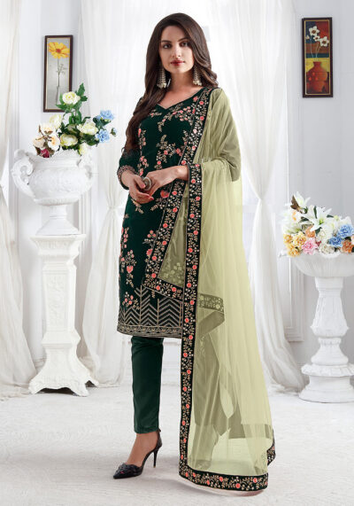Green Embroidered Straight Pant Suit