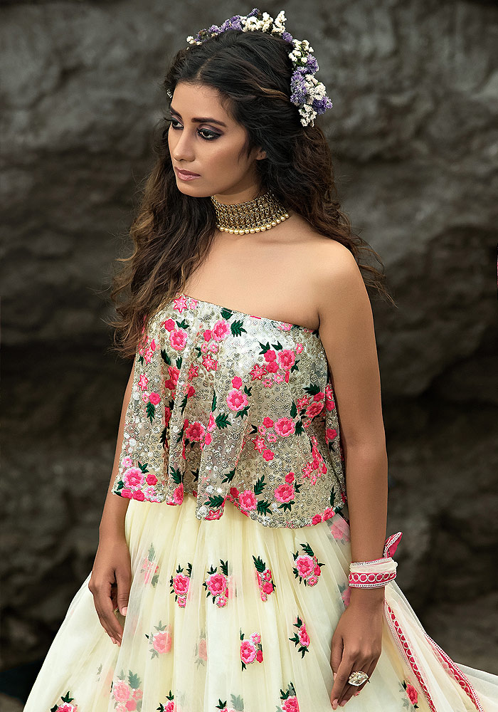 Offwhite Floral Embroidered Net Lehenga