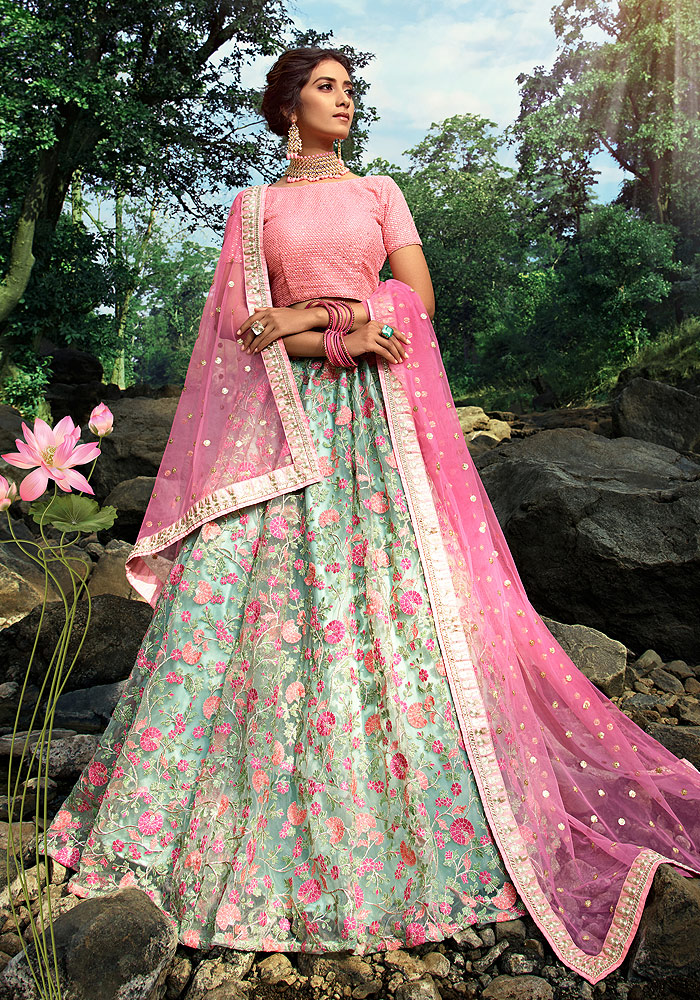Green and Pink Embroidered Net Lehenga