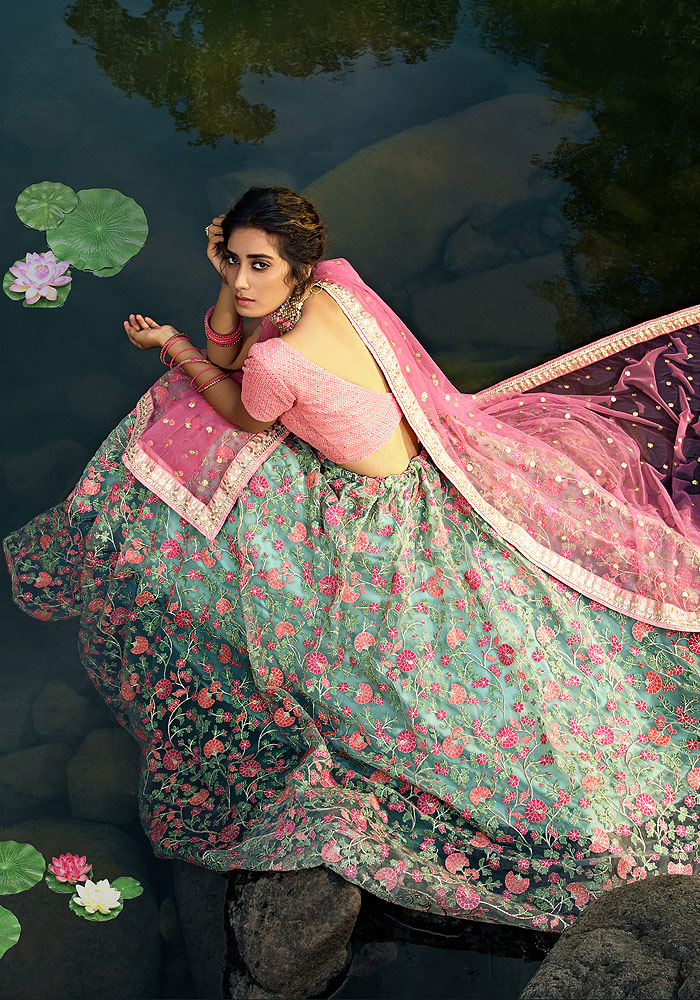 Green and Pink Embroidered Net Lehenga