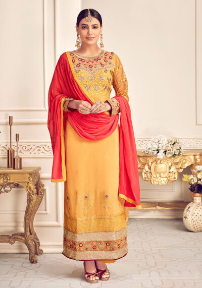 Yellow and Red Embroidered Palazzo Suit