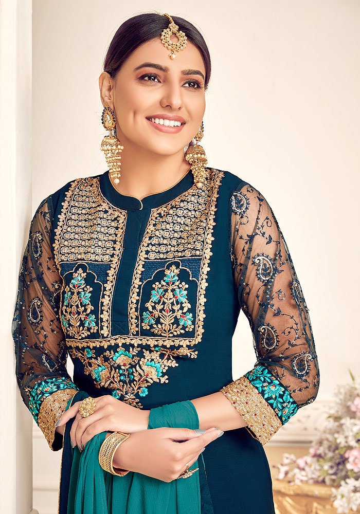 Blue and Teal Embroidered Palazzo Suit