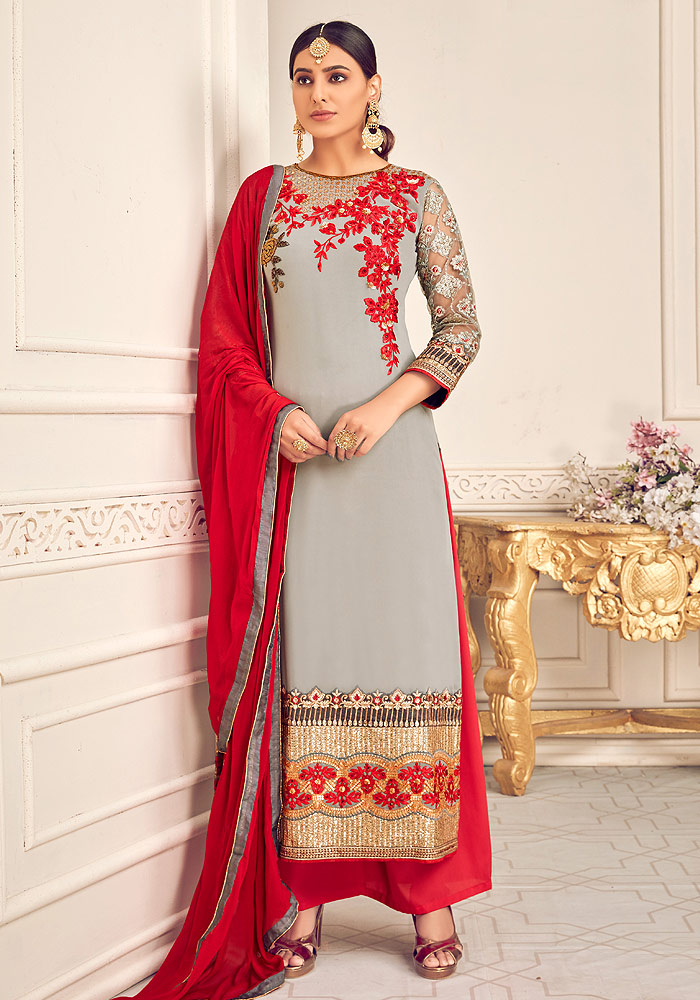 Grey and Red Embroidered Palazzo Suit