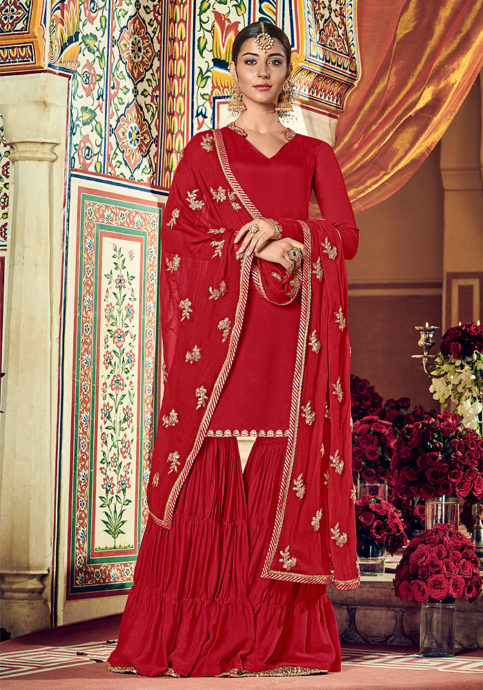 Red Embroidered Gharara Suit