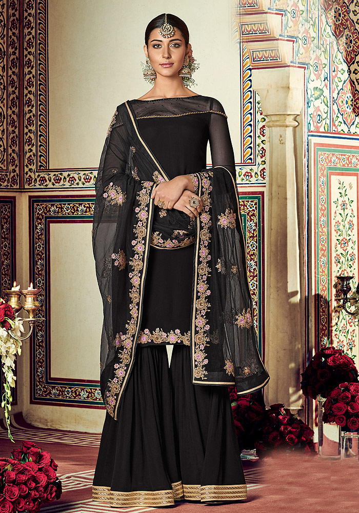 Black Embroidered Gharara Suit