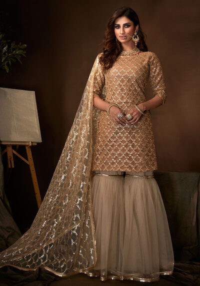 Beige Embroidered Gharara Suit