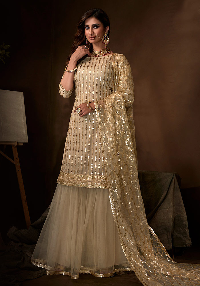 Dusty Beige Embroidered Gharara Suit