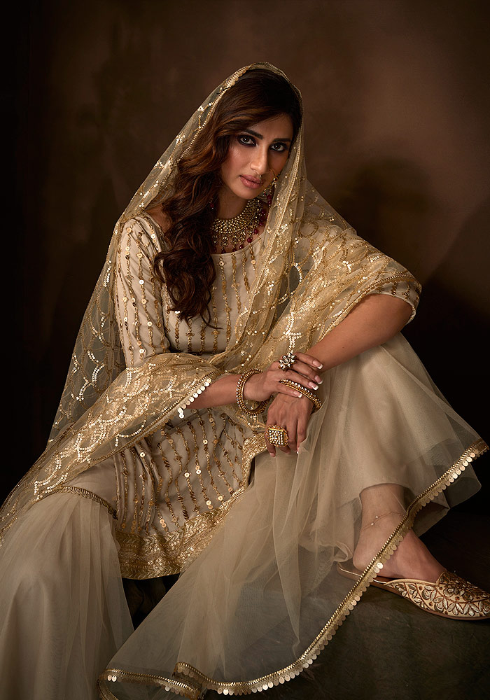 Dusty Beige Embroidered Gharara Suit