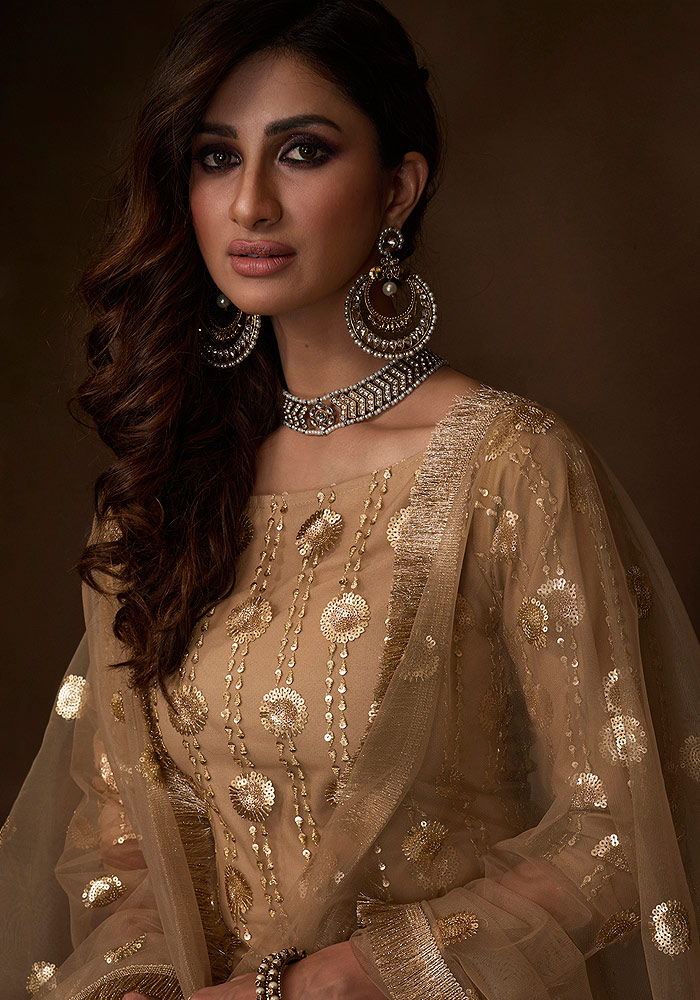 Beige Embroidered Gharara Suit