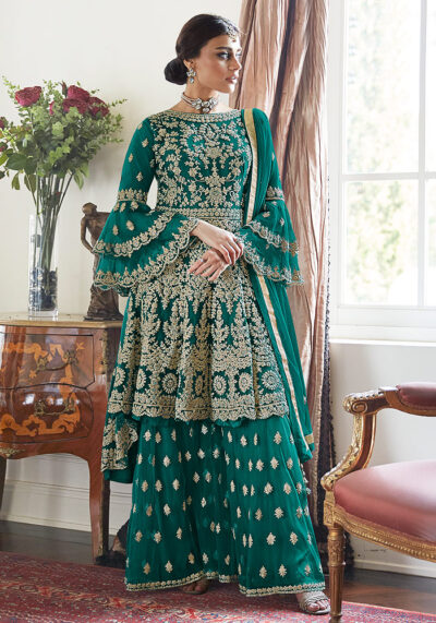 Sea Green Embroidered Net Sharara Suit