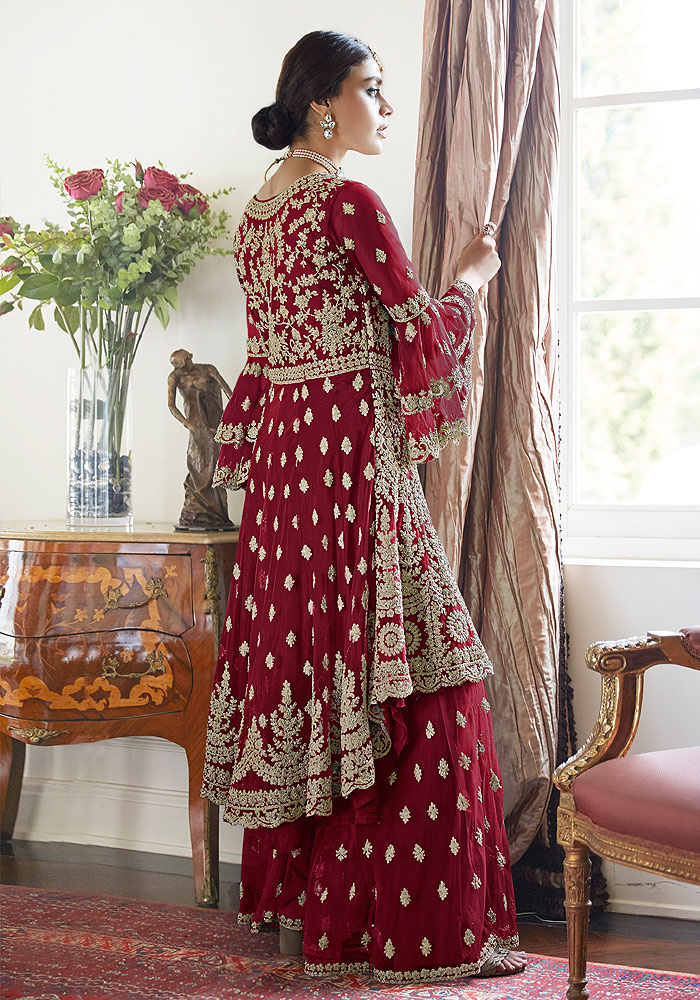 Maroon Embroidered Net Sharara Suit