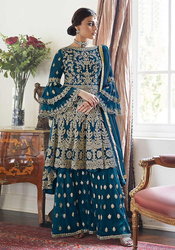 Blue Embroidered Net Sharara Suit