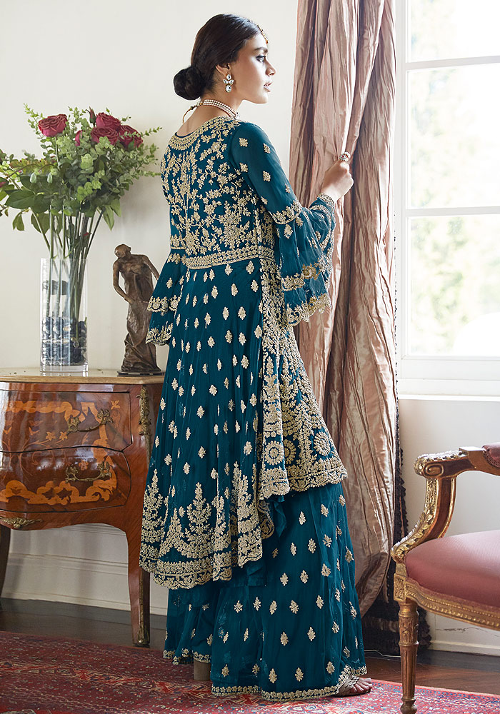 Blue Embroidered Net Sharara Suit