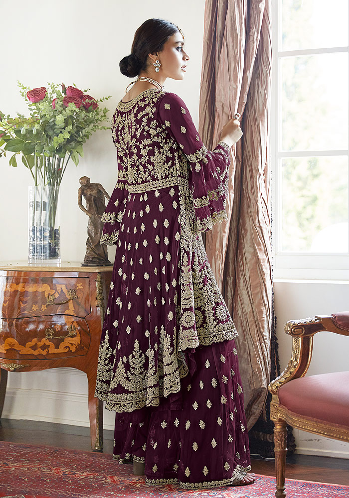 Purple Embroidered Net Sharara Suit