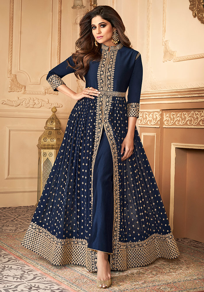 Blue Embroidered Pant Style Anarkali