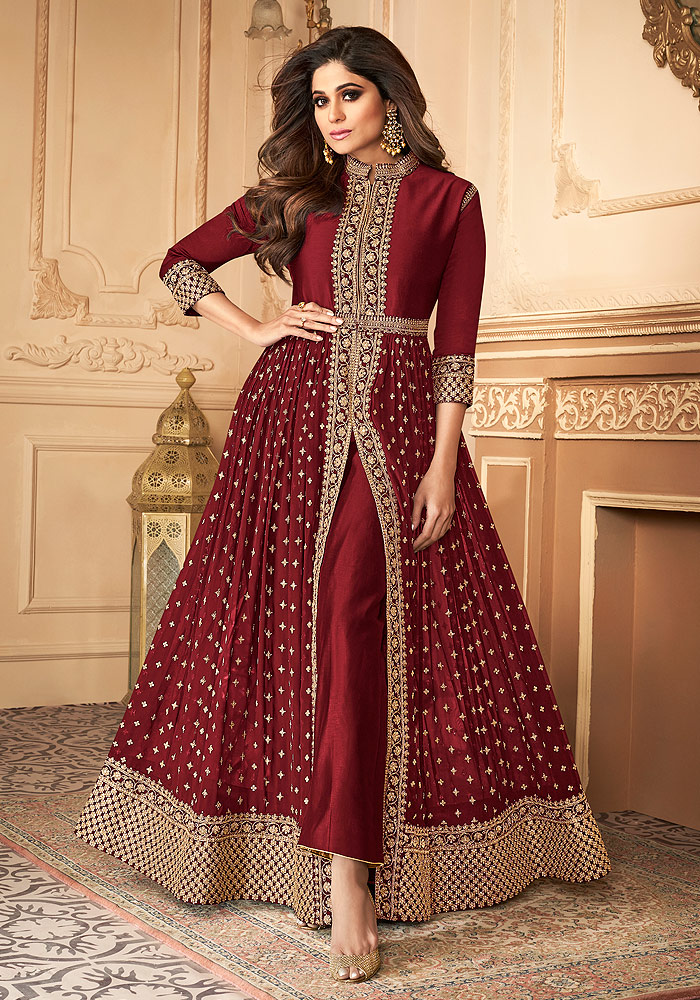 Red Embroidered Pant Style Anarkali