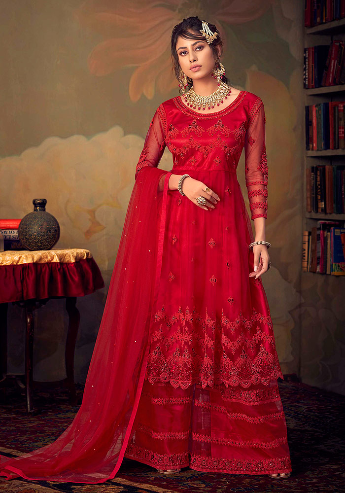 Red Embroidered Net Sharara Suit