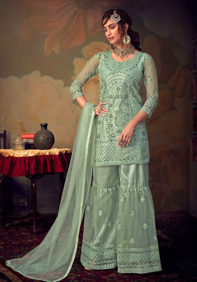 Mint Green Embroidered Net Gharara Suit