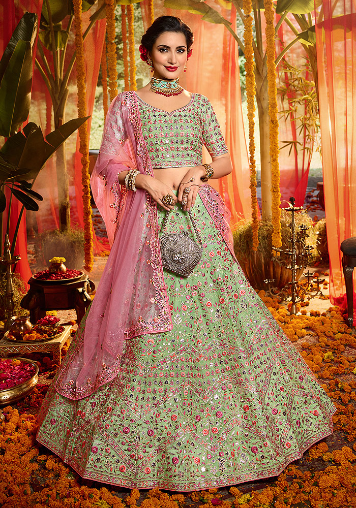 Green and Pink Heavy Embroidered Lehenga