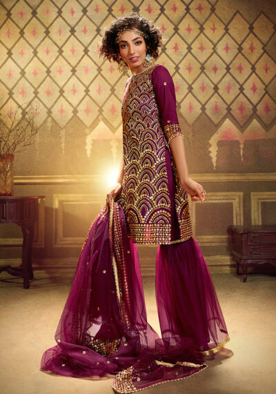 Wine Embroidered Gharara Suit