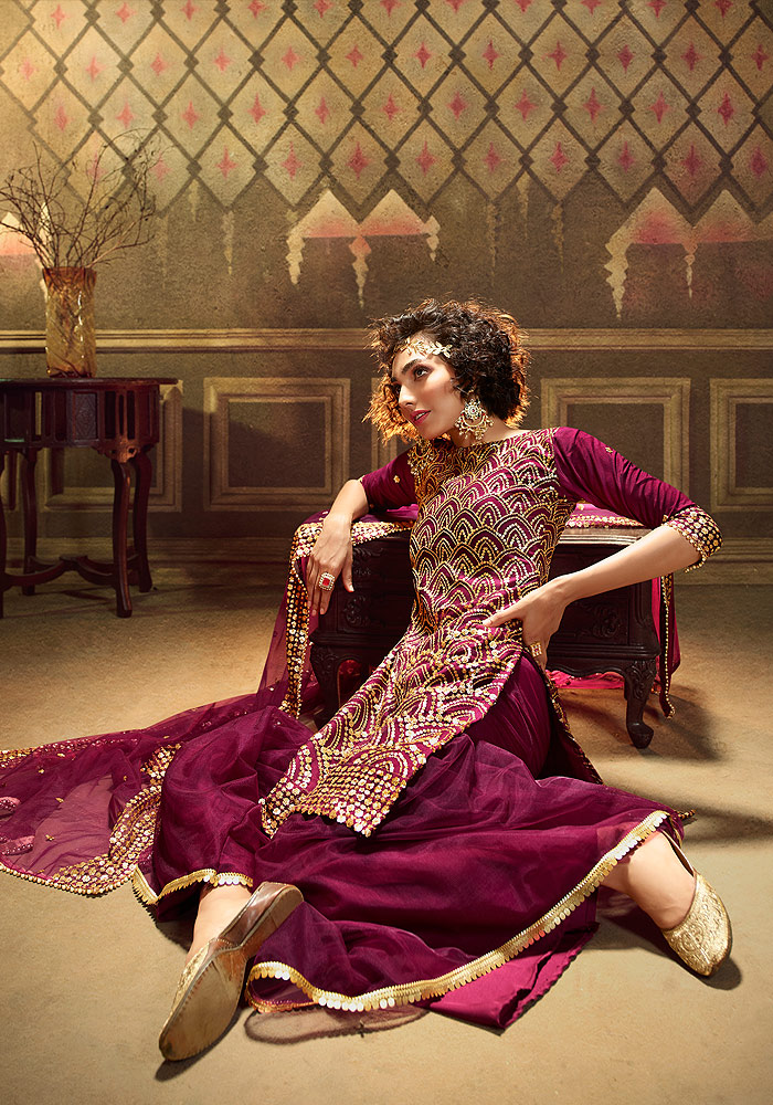 Wine Embroidered Gharara Suit