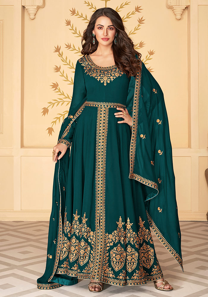 Teal Embroidered Pant Style Anarkali