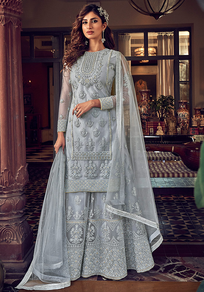 Blue Grey Embroidered Sharara Suit