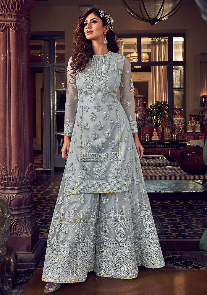 Blue Grey Embroidered Sharara Suit