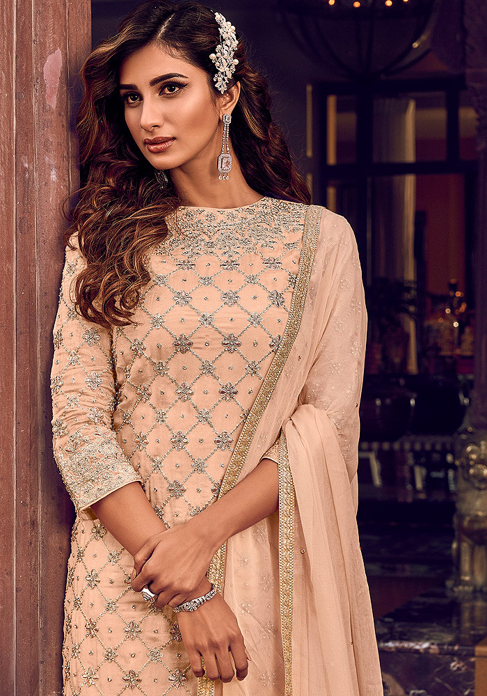Peach Embroidered Sharara Suit